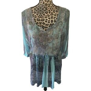 Dress barn Blouse XL Boho Hippie Embroidered Vneck Turquoise Sequins 3/4 Sleeve